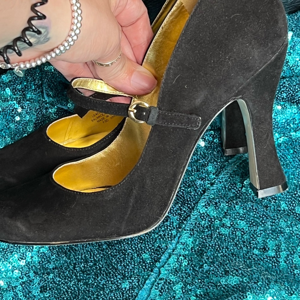 Nine West Black Suede Heels with Gold Buckle